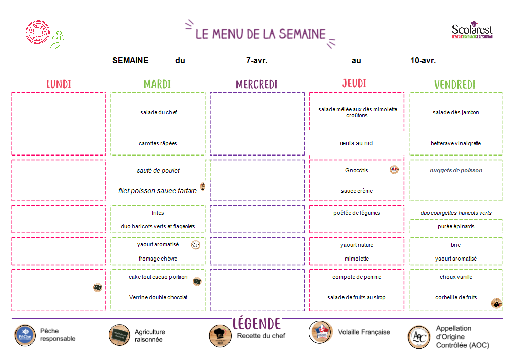 Menu de la semaine