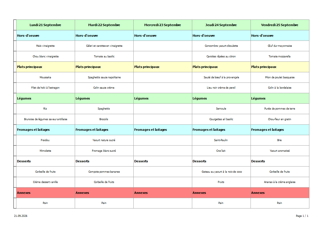 Menu de la semaine