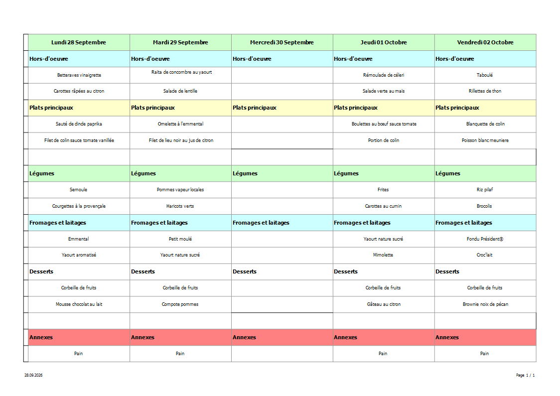 Menu de la semaine