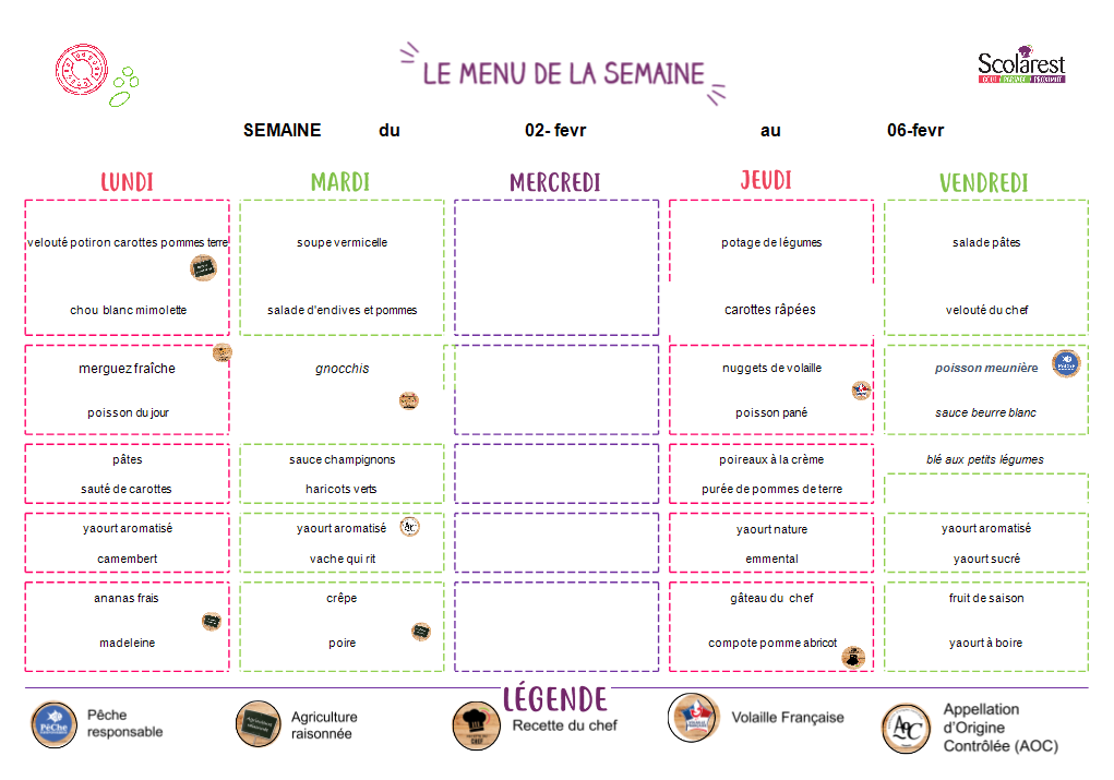 Menu de la semaine